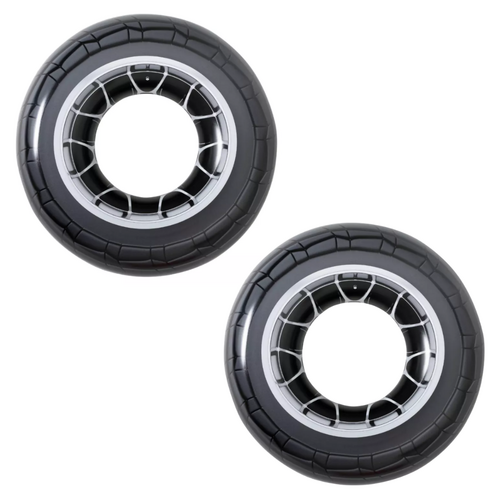 2x Inflatable Swim Rings Black Tyre Set 120cm/47" Diameter Kids Pool Toy