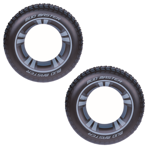 2x Inflatable Swim Rings Black Tyre Set 91cm/36" Diameter Kids Pool Toy