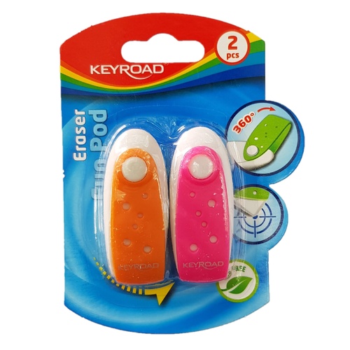 2pce Orange/Pink Keyroad Eraser Fun Pod 360 Rotate Rubber Drawing School Essential