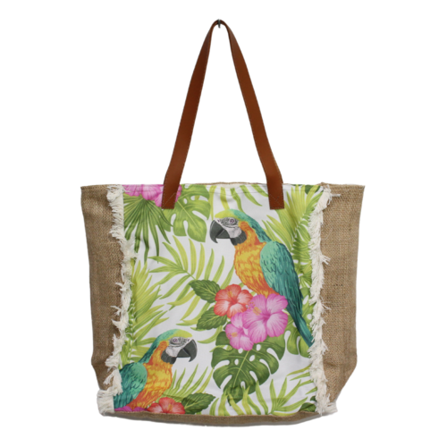 Tropical Parrot Shopping / Beach Tote Bag Zip Up Print Hessian Free Clutch 