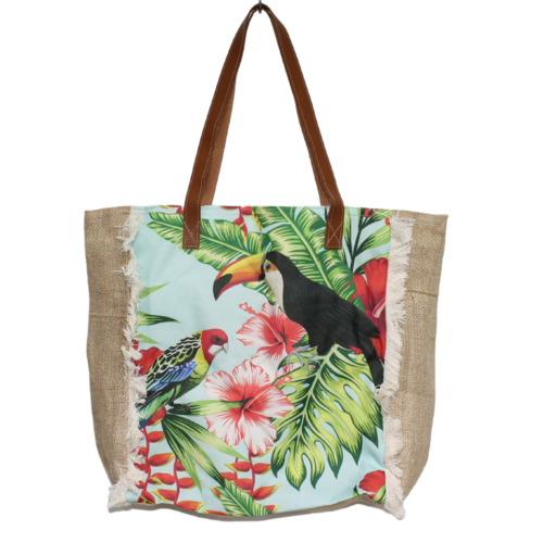 Tropical Birds Shopping / Beach Tote Bag Zip Up Print Hessian Free Clutch 