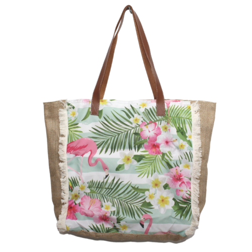 Flamingos Beach Shopping / Tote Bag Zip Up Tropical Print Hessian Free Clutch 