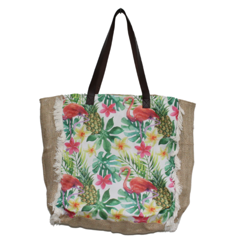 Flamingos Palms Shopping / Beach Tote Bag Zip Up Tropical Print Hessian Free Clutch 