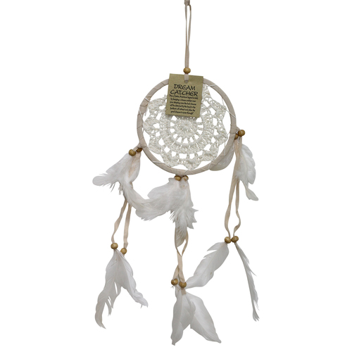 Dream Catcher 12cm White & Cream with Feathers and Natural Beads Boho Wall Art