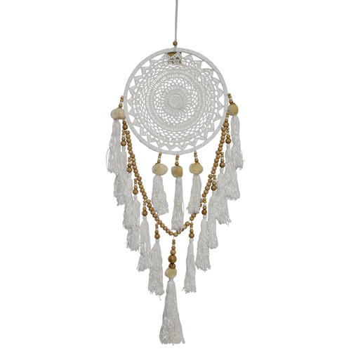 Dream Catcher 32cm White Ornate with Doily with Pom Poms & Beads Hand Made