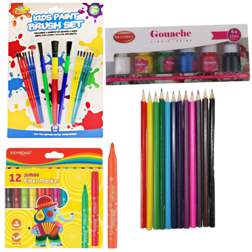 45pce Kids Paints, Brushes, Pencils & FIber Markers Bundle Art Craft Set Activities