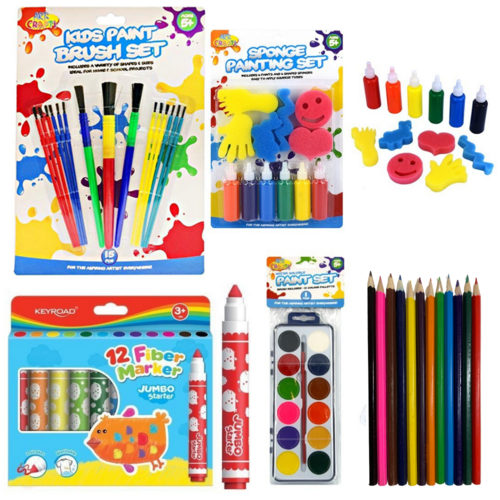 64pce Kids Art Set Bundle Paints, Sponges, Brushes, Pencils & Fiber Markers