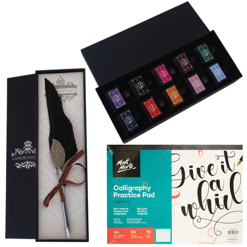 12pce Calligraphy Intro Bundle Black Feather Dipping Pen, Colour Inks & Workbook