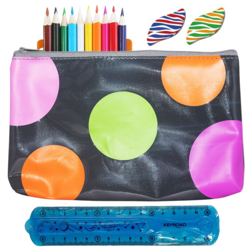 16pce Back to School Stationery Kit Polka Dot Kids Bundle, Pencils, Erasers, Ruler, Case