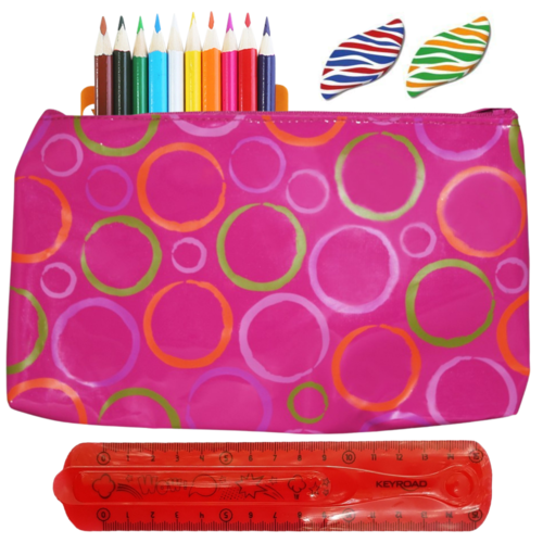 16pce Back to School Stationery Kit Pink Red Kids Bundle, Pencils, Erasers, Ruler, Case