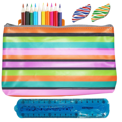 16pce Back to School Stationery Kit Stripes Kids Bundle, Pencils, Erasers, Ruler, Case