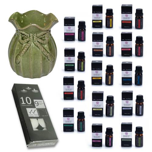 Oil Burner Kit + 14 Essential Oils Scents & 10 Tealight Candles, Green Bow