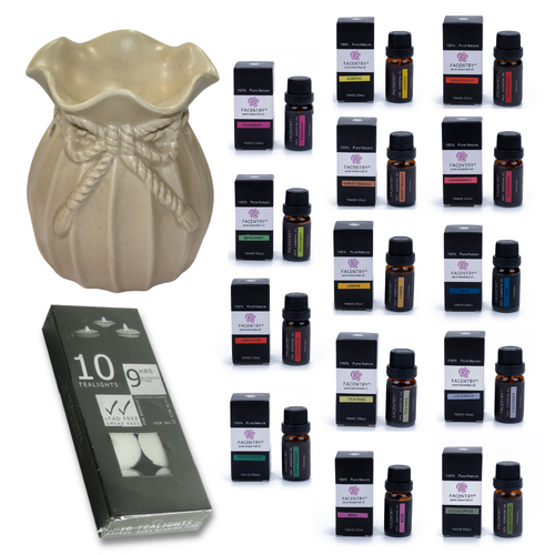 Oil Burner Kit + 14 Essential Oils Scents & 10 Tealight Candles, Cream Bow