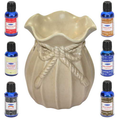 Oil Burner + Satya Oils Set 7pces Cream Glazed Ceramic 12.5cm