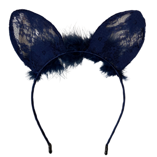 1pce Navy Blue Fluffy Lace Bunny/Cat Ears Headband, Dress Up Costume Accessory