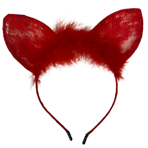 1pce Red Fluffy Lace Bunny/Cat Ears Headband, Dress Up Costume Accessory