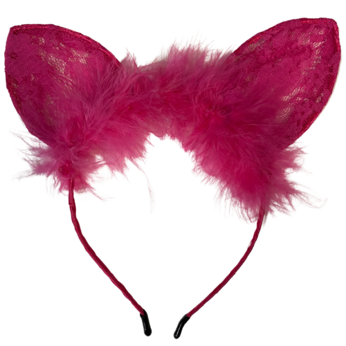 1pce Hot Pink Fluffy Lace Bunny/Cat Ears Headband, Dress Up Costume Accessory