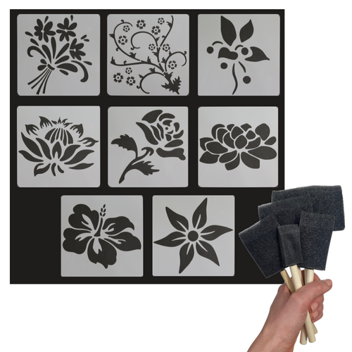 8pce Stencils with Foam Brush 5pce Set, Flower & Florals Reusable Painting Kit