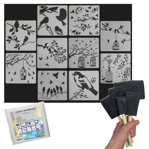 10pce Stencils with Foam Brush 5pce Set, Birds & Trees Reusable Painting Kit