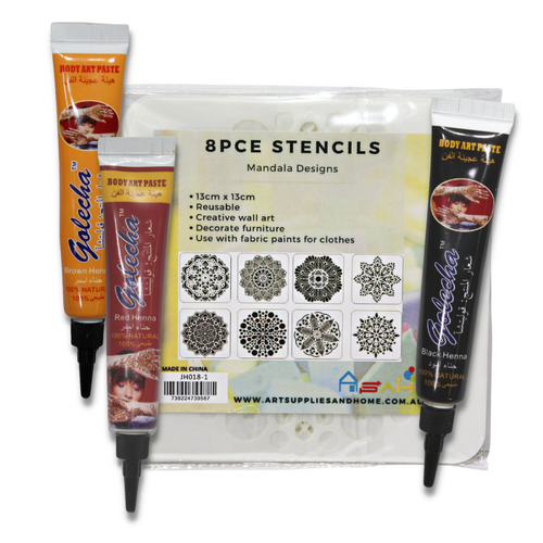 Henna Art Kit with 8pce Stencils Mandalas #1 Set 13cm & Trio of Colours Paste
