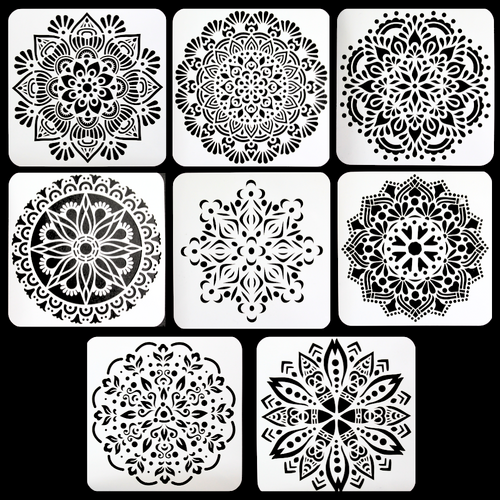 8pce Mandalas Stencils Set 13x13cm Plastic Reusable Tile Cut Template 2