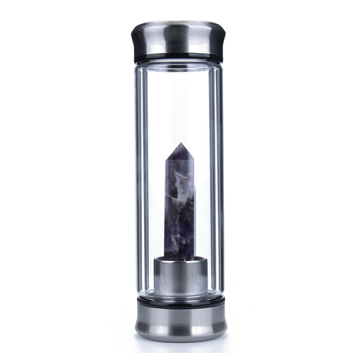 Amethyst Crystal Water Bottle 300ml Glass Drink Solid Gemstone Tower