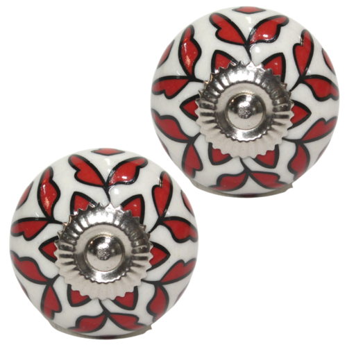 2pce Red & White Moroccan Door Handles Knobs Drawer/Wardrobe/Furniture