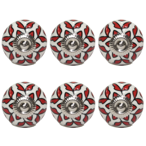 6pce Red & White Moroccan Door Handles Knobs Drawer/Wardrobe/Furniture