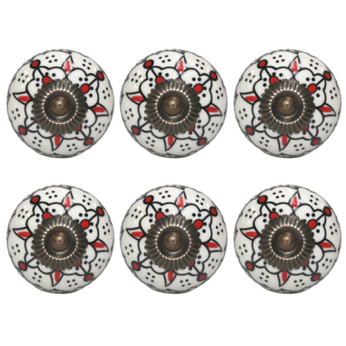 6pce Red & White 2 Moroccan Door Handles Knobs Drawer/Wardrobe/Furniture
