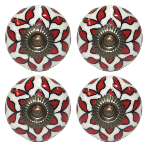 4pce Red & White 4 Moroccan Door Handles Knobs Drawer/Wardrobe/Furniture