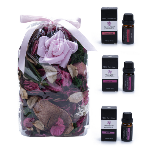 Pink Pot Pourri with 3x Essential Oils, Scented Mix Gift Set Home Decoration