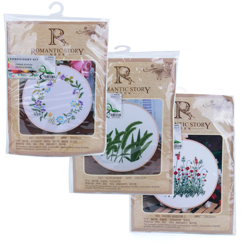 3x Embroidery Kits Set in Flower Fields Theme, Cross Stitch Thread Needle Set