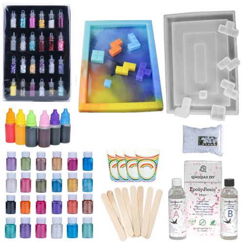 124pce Epoxy Resin Kit Tetris Silicone Molds, Dye, Glitter, Pigment, Cups, Sticks, Foam