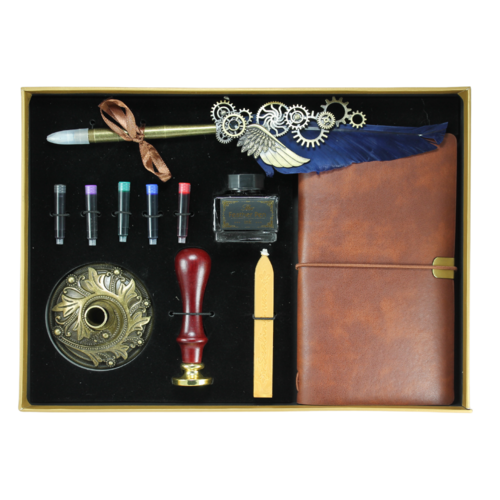 11pce 25cm Blue Steampunk Feather Calligraphy Pen Set Ink, Holder, Wax & Book