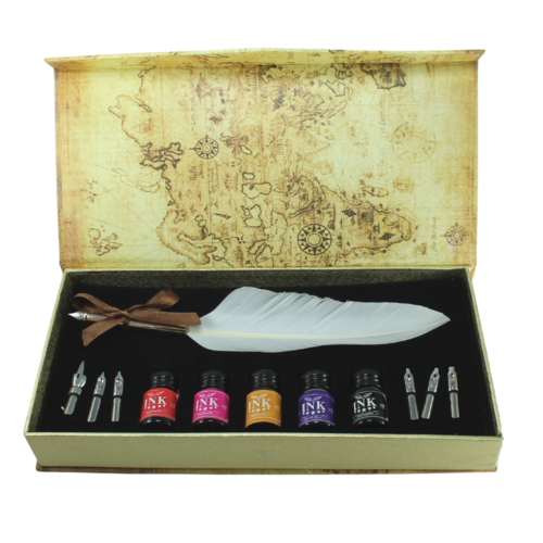 12pce 24cm White Feather 7 Nib Calligraphy Pen Set 5 Colour Inks In Gift Box