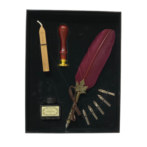 9pce 22cm Red Feather 6 Nib Calligraphy Pen Set with Ink, Wax & Stamp Gift Box