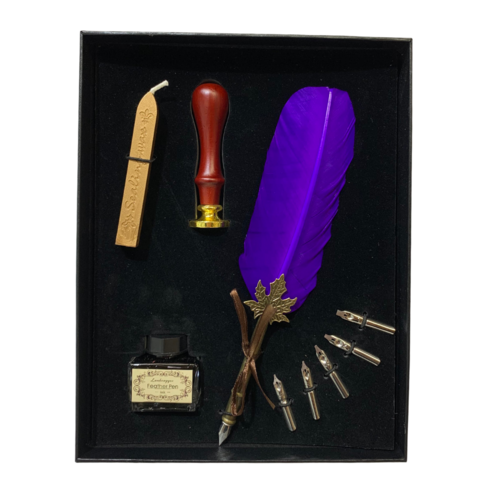 9pce 22cm Purple Feather 6 Nib Calligraphy Pen Set with Ink, Wax & Stamp Gift Box