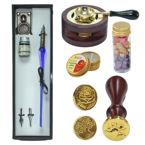Calligraphy Blue Pen & Wax Stamp Set Dipping Ink, 3 Nibs, Holder, & Melter In Gift Boxes