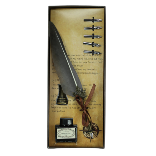 Calligraphy Pen 8pce Set Brown Feather 6 Nibs, Ink & Holder In Gift Box