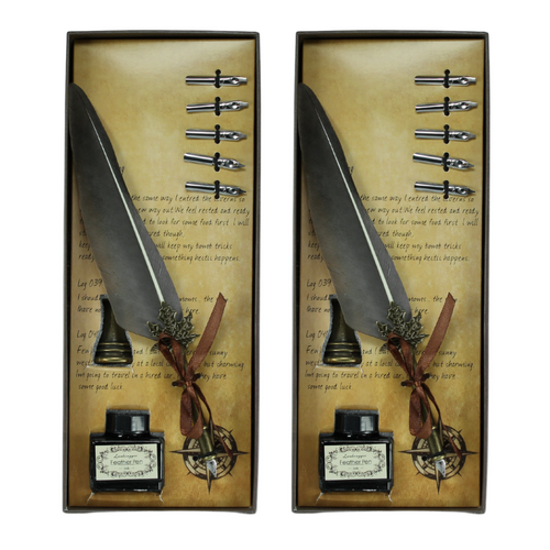 2x Calligraphy Pen 8pce Set Brown Feather 6 Nibs, Ink & Holder In Gift Box