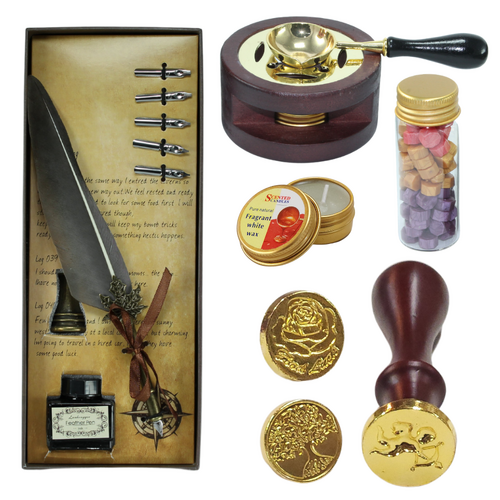 Calligraphy Pen & Wax Set Brown Feather 6 Nibs, Ink, Holder, Melter in Gift Boxes