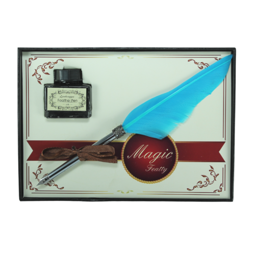 Calligraphy Pen Set 21cm Aqua Blue Feather Nib with Ink Inside Gift Box 