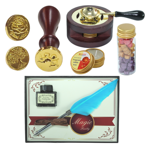 Calligraphy Pen & Stamp Set Aqua Nibs, Ink, Coloured Wax, Melter in Gift Boxes