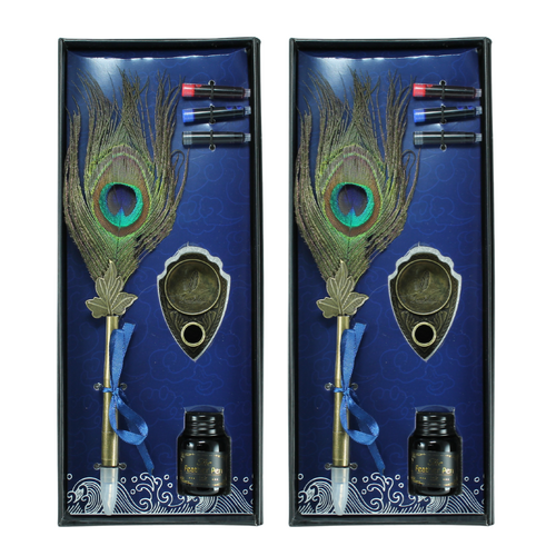 2x Calligraphy Pen Sets Ink, Pen, & Holder 25cm Peacock Feather Cartridge Gift
