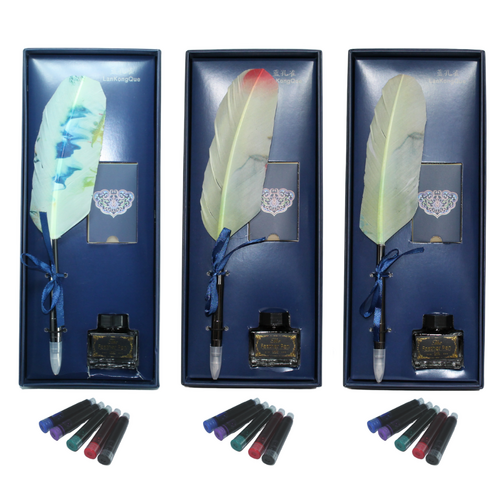 3x Calligraphy Pen Sets Ink, Pen, & Holder 25cm Feather Pen Cartridges in Gift Box