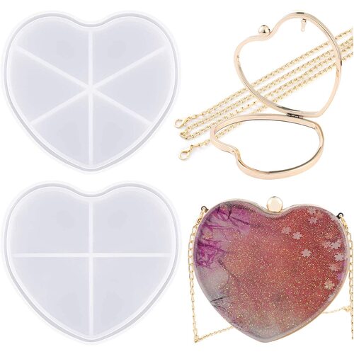 Purse Clutch Shaker Heart Kit Silicone Mold & Metal Case Set For Epoxy Resin