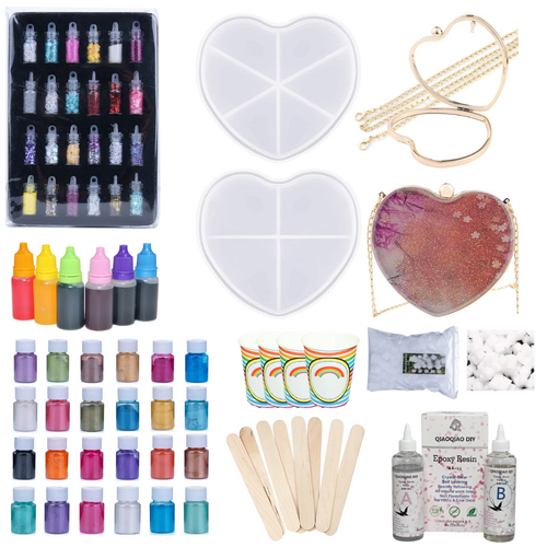 121pce Resin Heart Clutch Silicone Molds, Dye, Glitter, Pigment, Cups, Sticks, Foam
