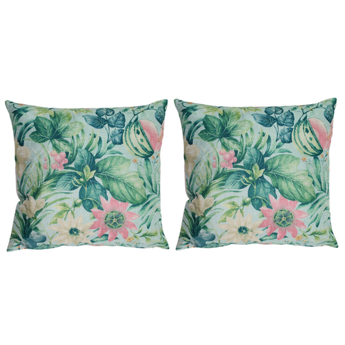 2x Green Floral Cushions with Inserts Features Rear Zip 45cm x 45cm Tropical Inspired
