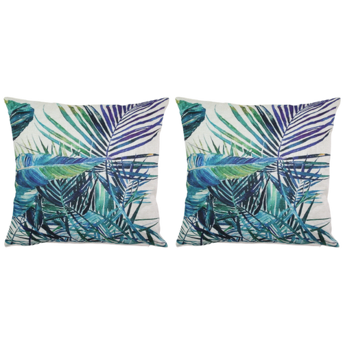 2x Palm Leaves Cushions With Insert Features Rear Zip 45cm Tropical Green & Blue