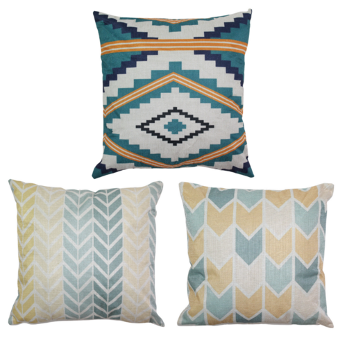 3pce Chevron Cushions Set 45cm Blue, Teal & Yellow Colours Bundle